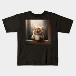 laughing rabbit with a cup of coffee Kids T-Shirt